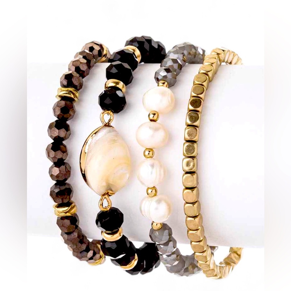 4PC Black and Gold Beads Minimalist Bracelet Set